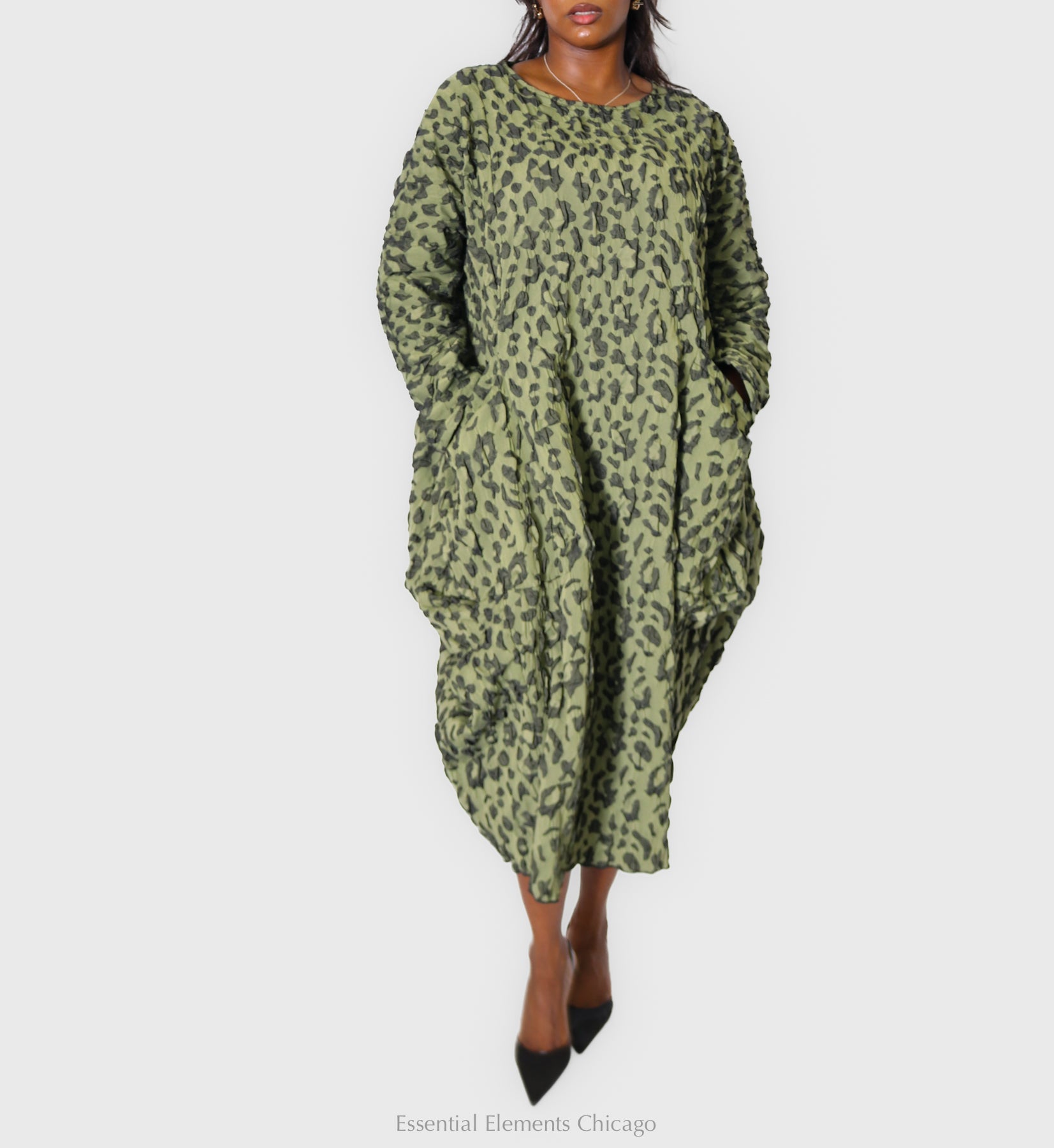 Heydari Textured Leopard Dress, Green - Essential Elements Chicago