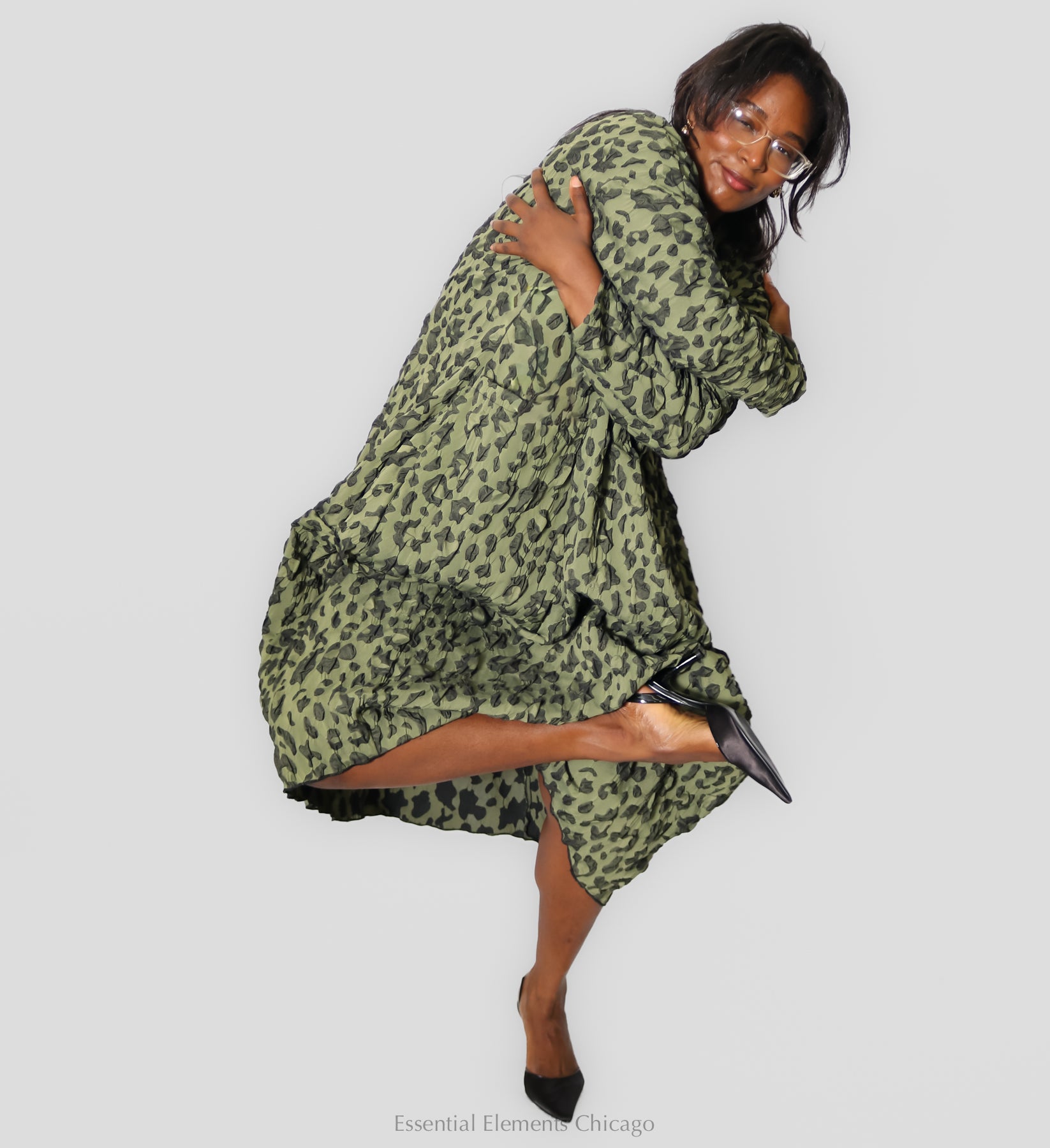 Heydari Textured Leopard Dress, Green - Essential Elements Chicago