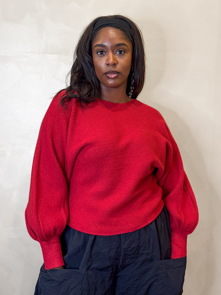 Ribbed Knit Sweater, Red