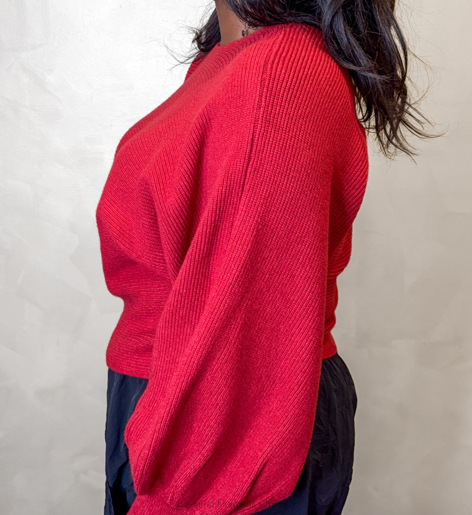 Ribbed Knit Sweater, Red
