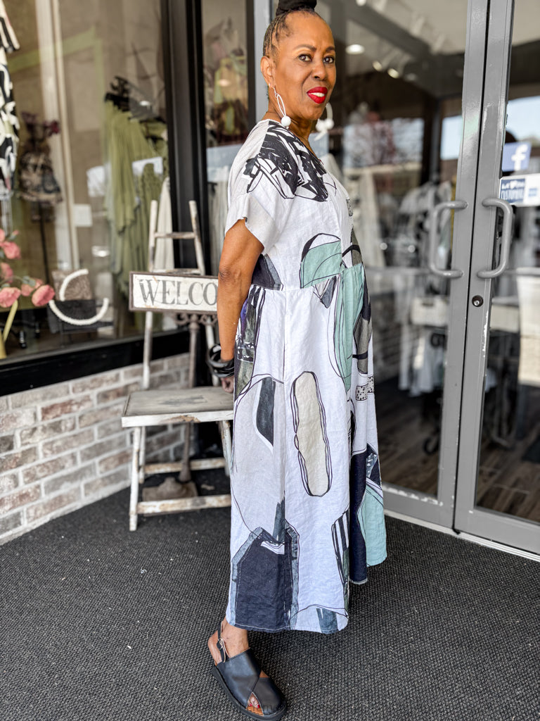 Grizas Empire Linen Dress, Tumble Stone
