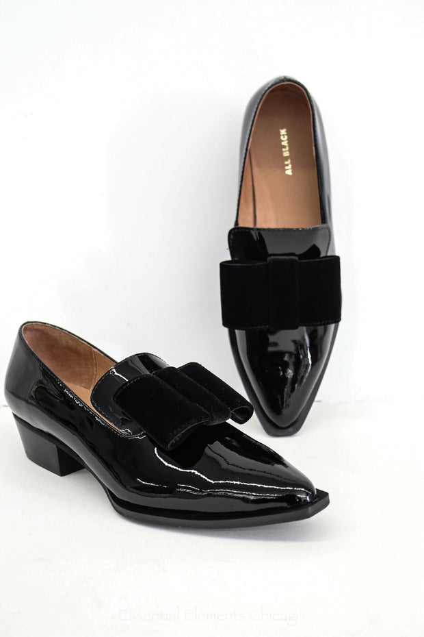 All Black Pat & Bow Flat Shoe - Essential Elements Chicago