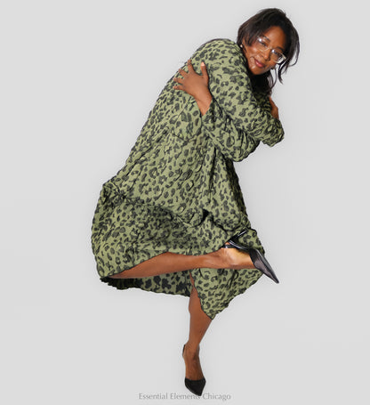 Heydari Textured Leopard Dress, Green - Essential Elements Chicago