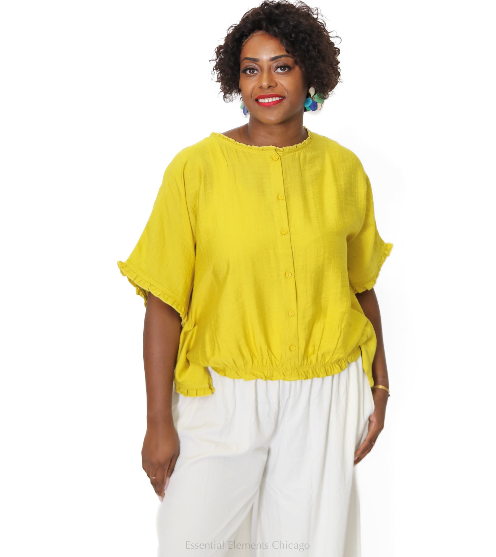 Ruffle Neck Top, Yellow - Essential Elements Chicago